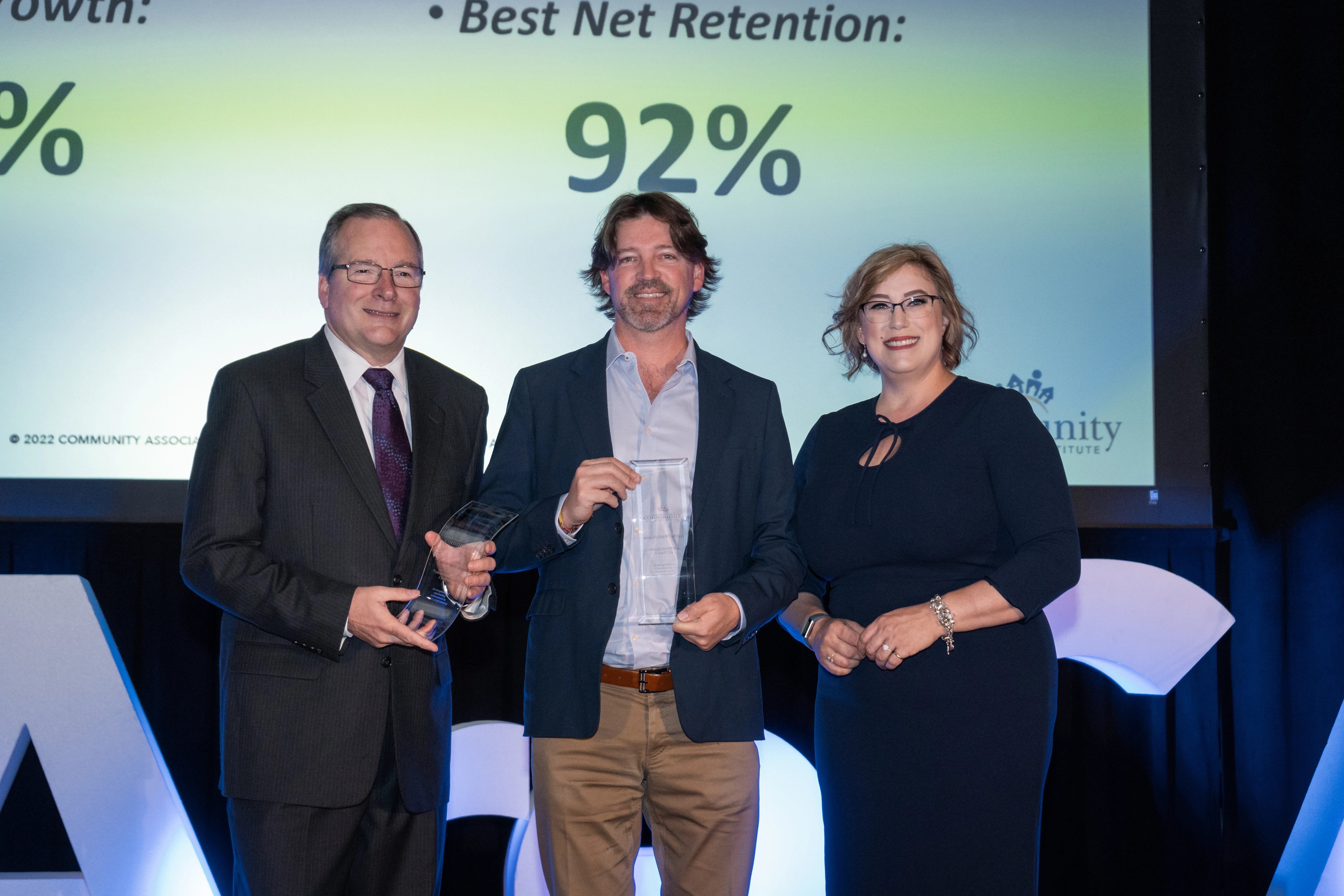 Pictured: Tom Skiba, CAI-National CEO with Ryan Gesell, CIRMS, CMCA, 2022 Chapter President-Elect, and Jessica Towles, 2022 National President accepting the awards at CAI-National’s Annual Conference. 