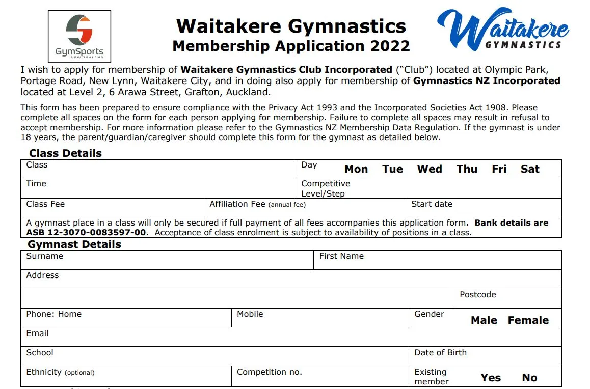 gymnastic membership form