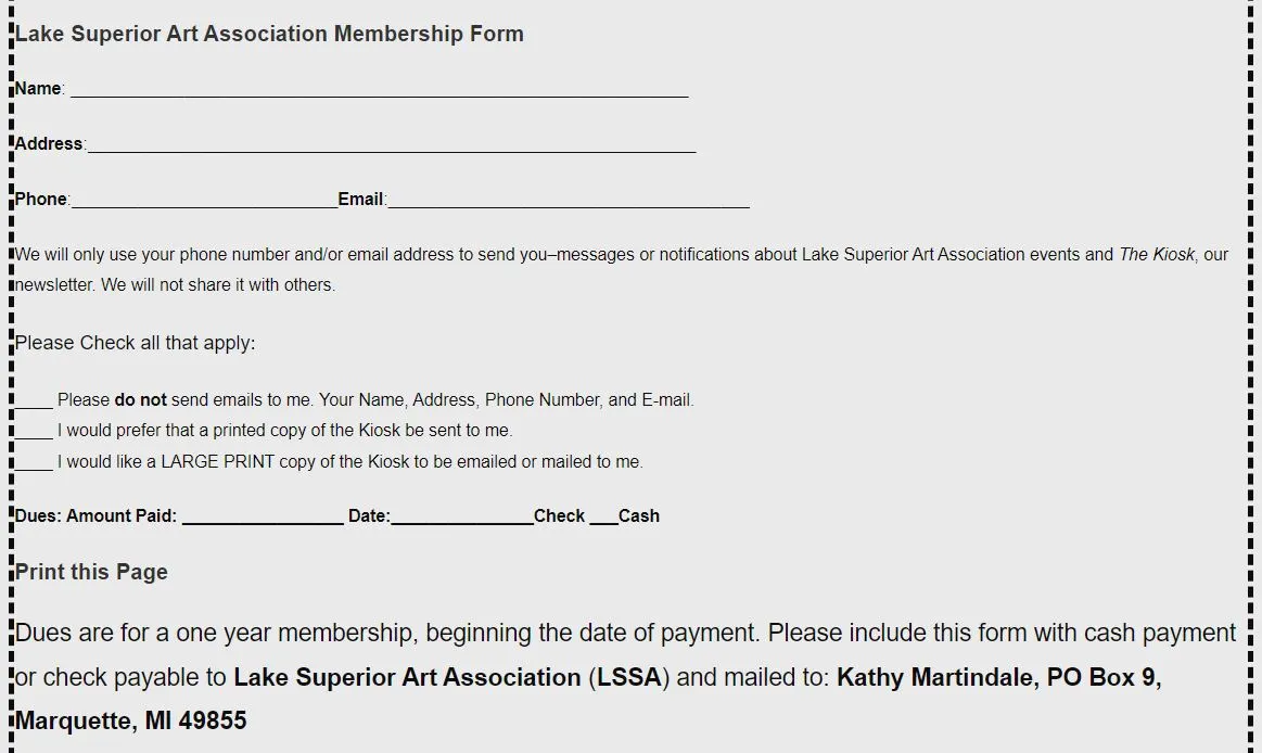 lake superior art association signup form sample